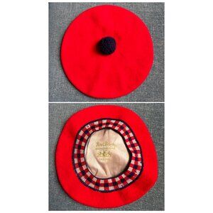 VINTAGE Beret Basque DeLuxe Pom Pom Hat | Red & Navy Blue Check Trim | France